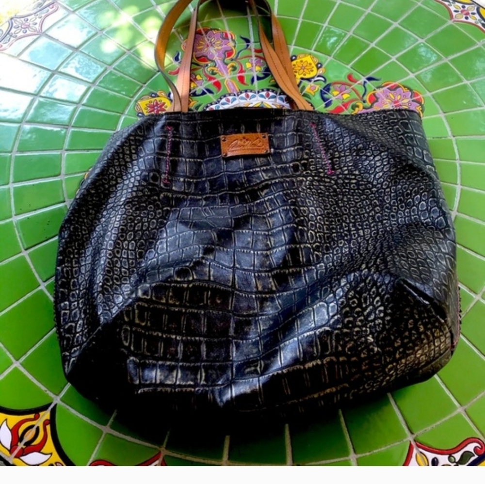 Patricia Nash brown/gold croc print leather tote